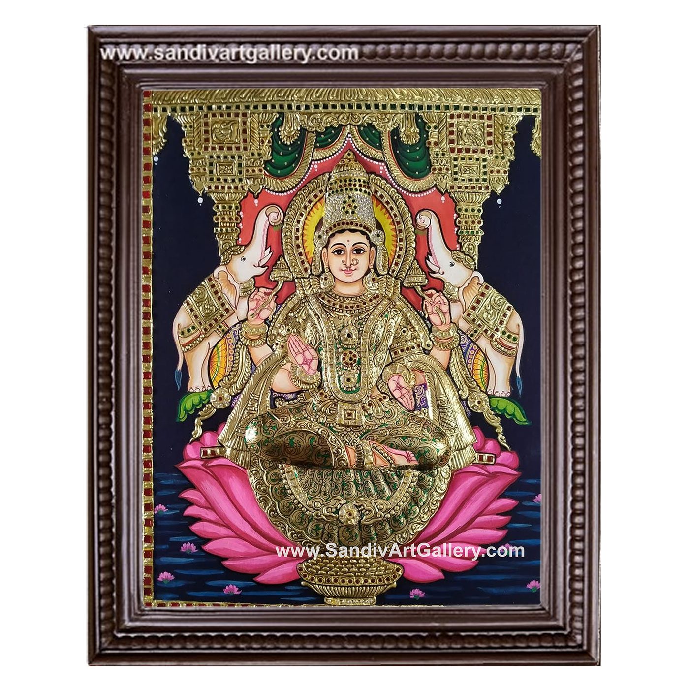 Gaja Lakshmi on Lotus Semi Embossed Tanjore Painting
