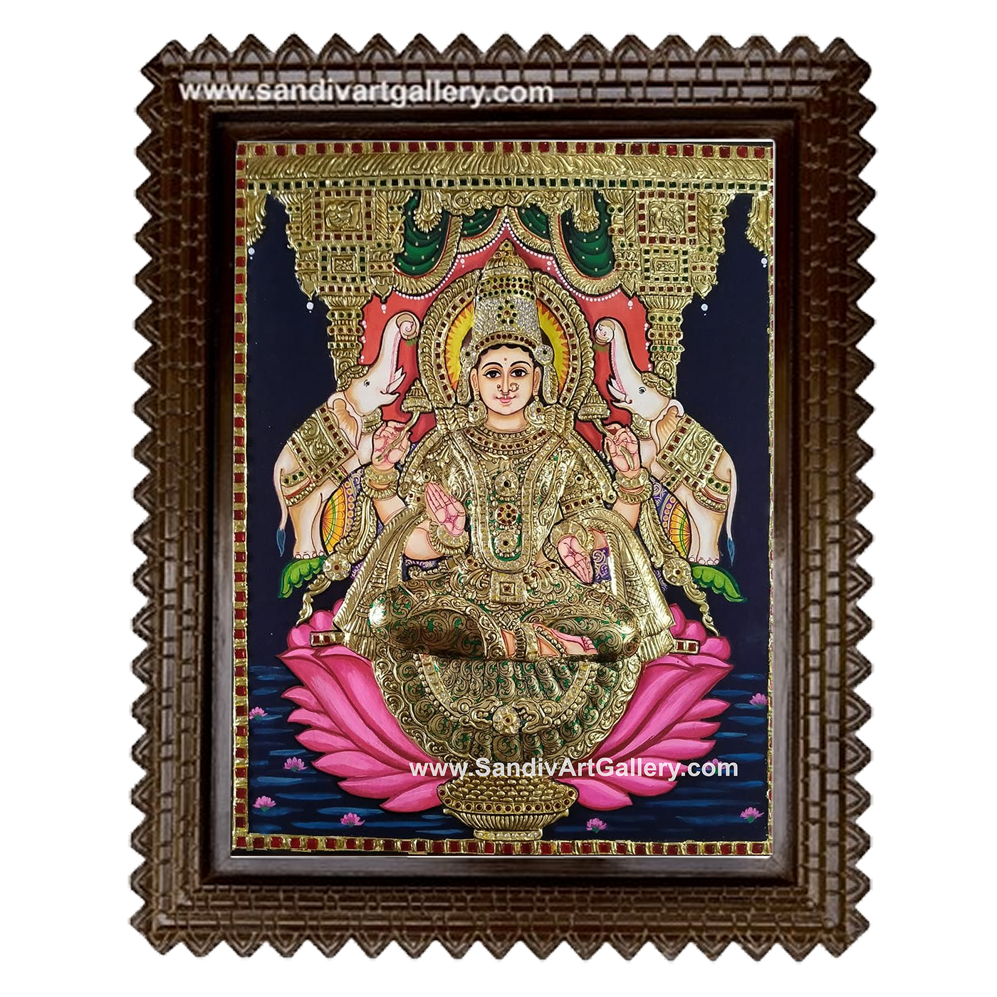 Gaja Lakshmi on Lotus Semi Embossed Tanjore Painting