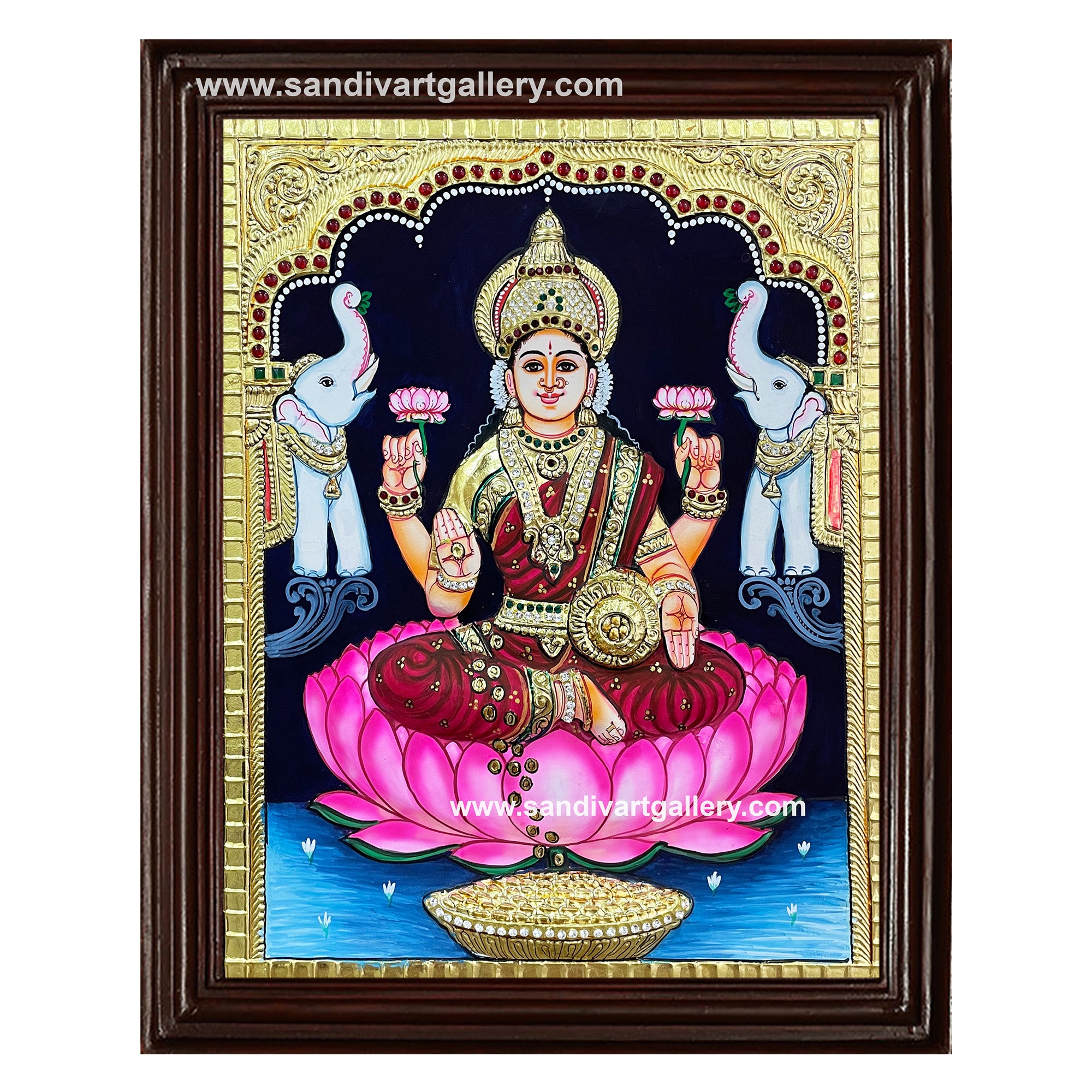 Gaja Lakshmi on Lotus Semi Embossed Tanjore Painting1