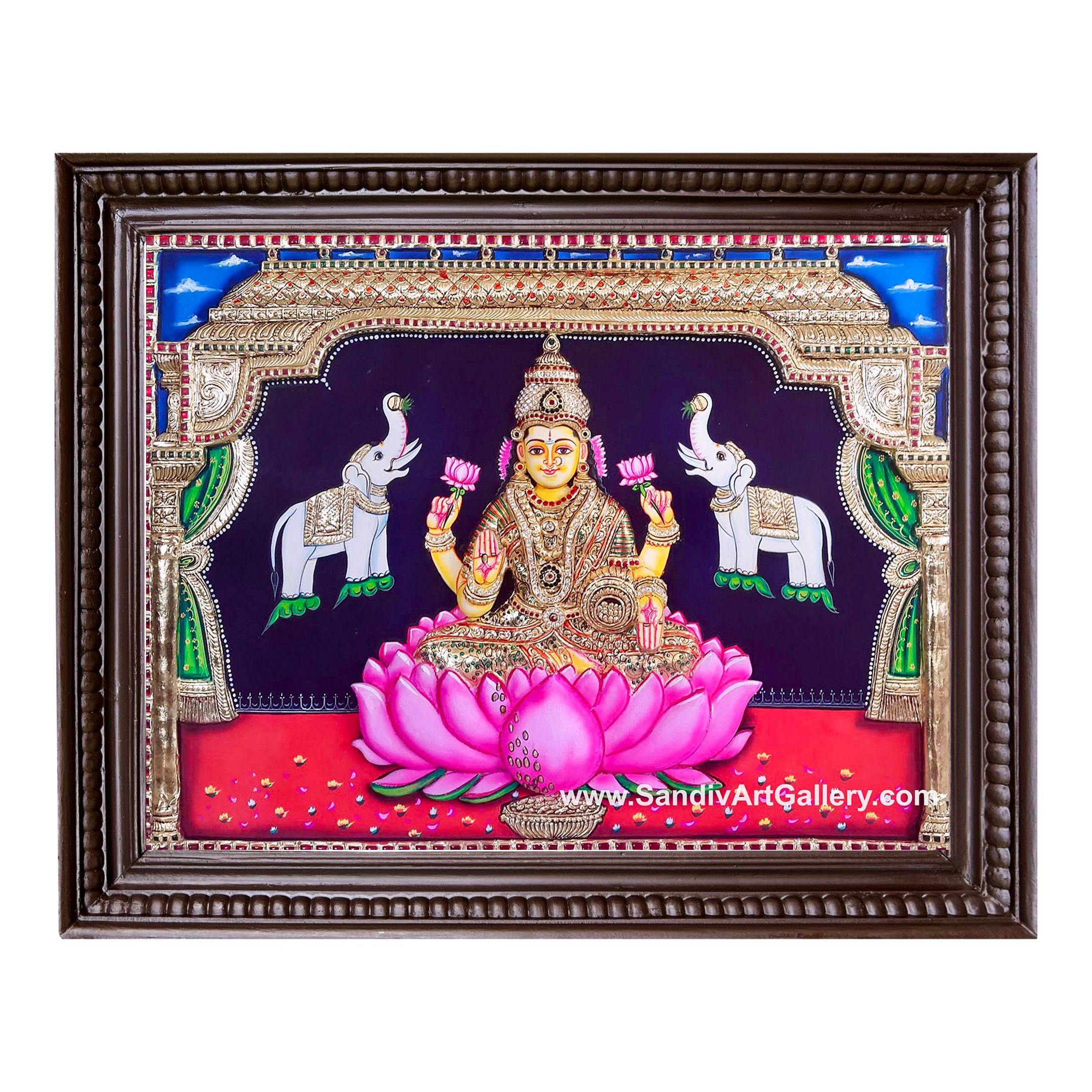 Lakshmi with Elephants 3D Super Embossed Tanjore Painting