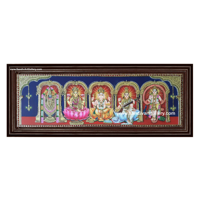 Balaji Lakshmi Saraswathi Ganesha and Murugan- 5 God Panel Tanjore Painting1