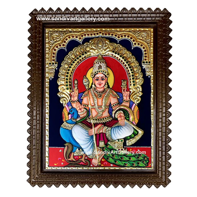 Murugan with Peacock Semi Embossed Tanjore Painting