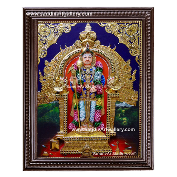 Palani Raja Alankara Murugan 3D Embossed Tanjore Painting with Special Garland Work