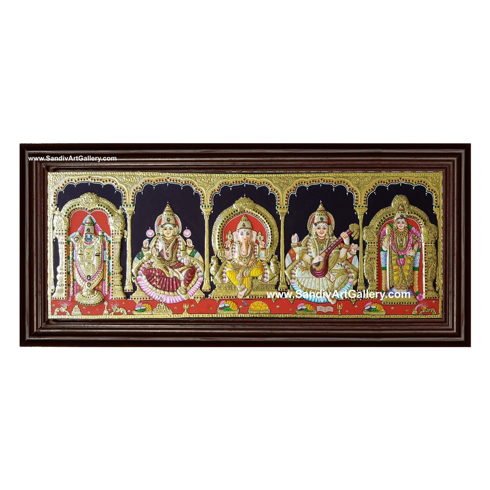 Balaji Vinayaka Lakshmi Saraswathi and Murugan- 5 God Panel Semi Embossed Tanjore Painting 1