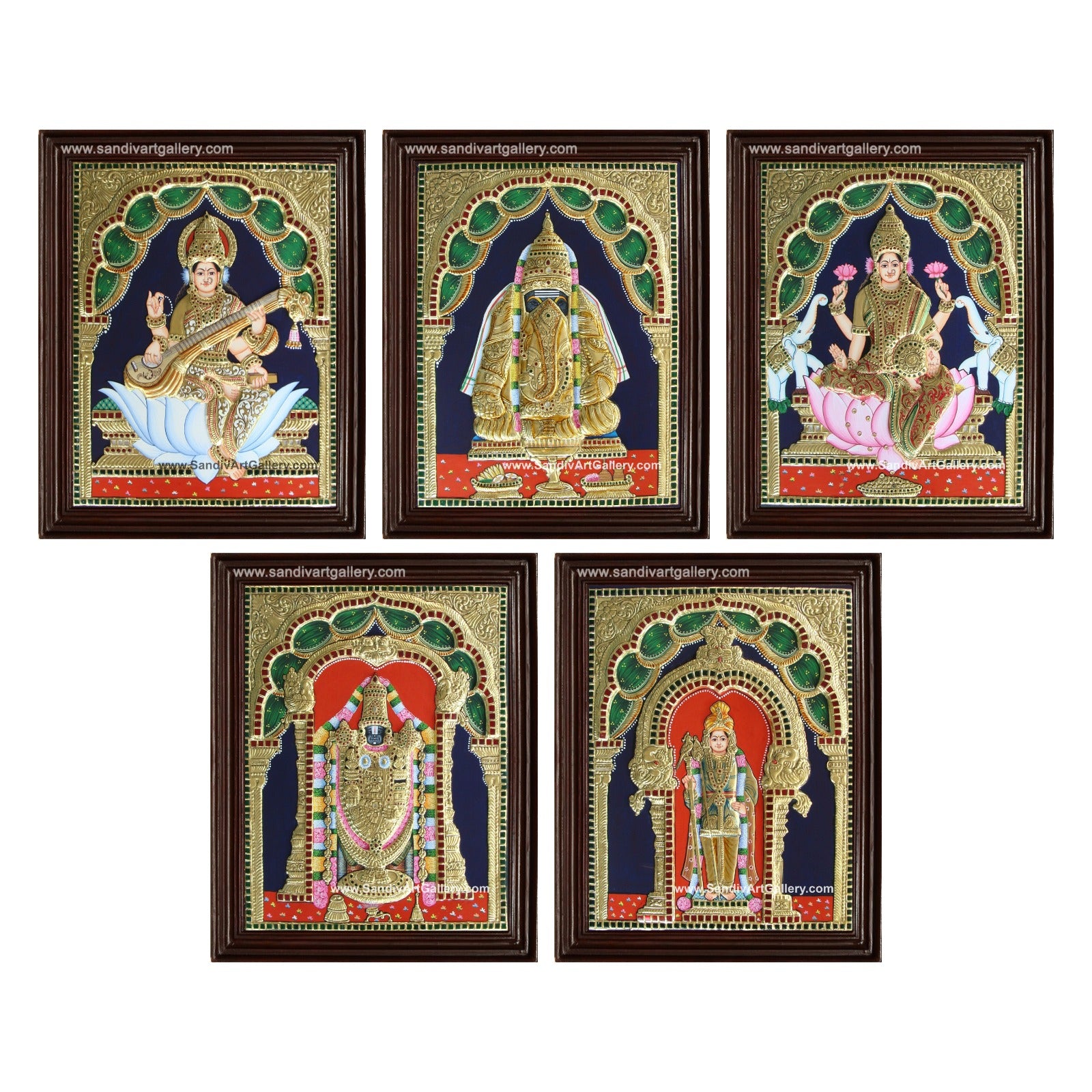Vinayaka Lakshmi Venkateshwara Saraswathi and Murugar- Pooja Room 2D Tanjore Paintings