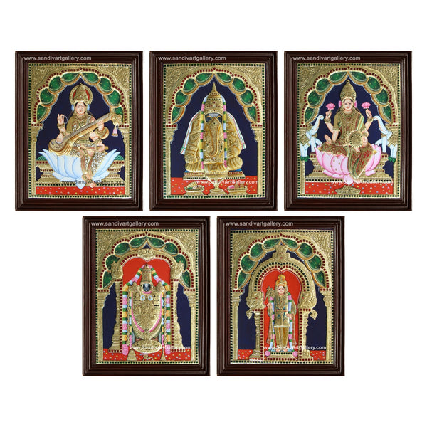 Vinayaka Lakshmi Venkateshwara Saraswathi and Murugar- Pooja Room 2D Tanjore Paintings