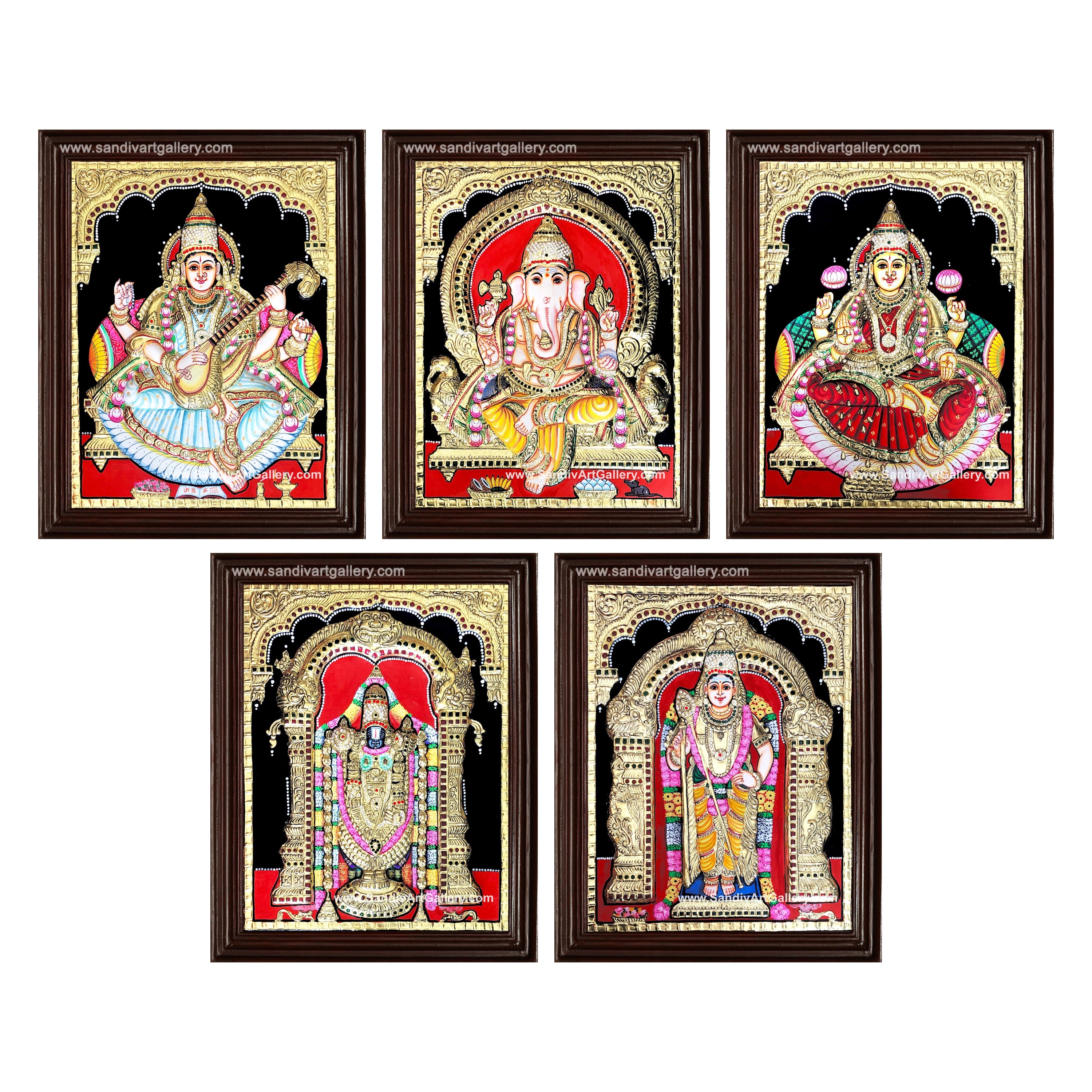 Vinayahar Lakshmi Perumal Saraswathi and Subramanya Swamy- Pooja Room Semi Embossed Tanjore Paintings