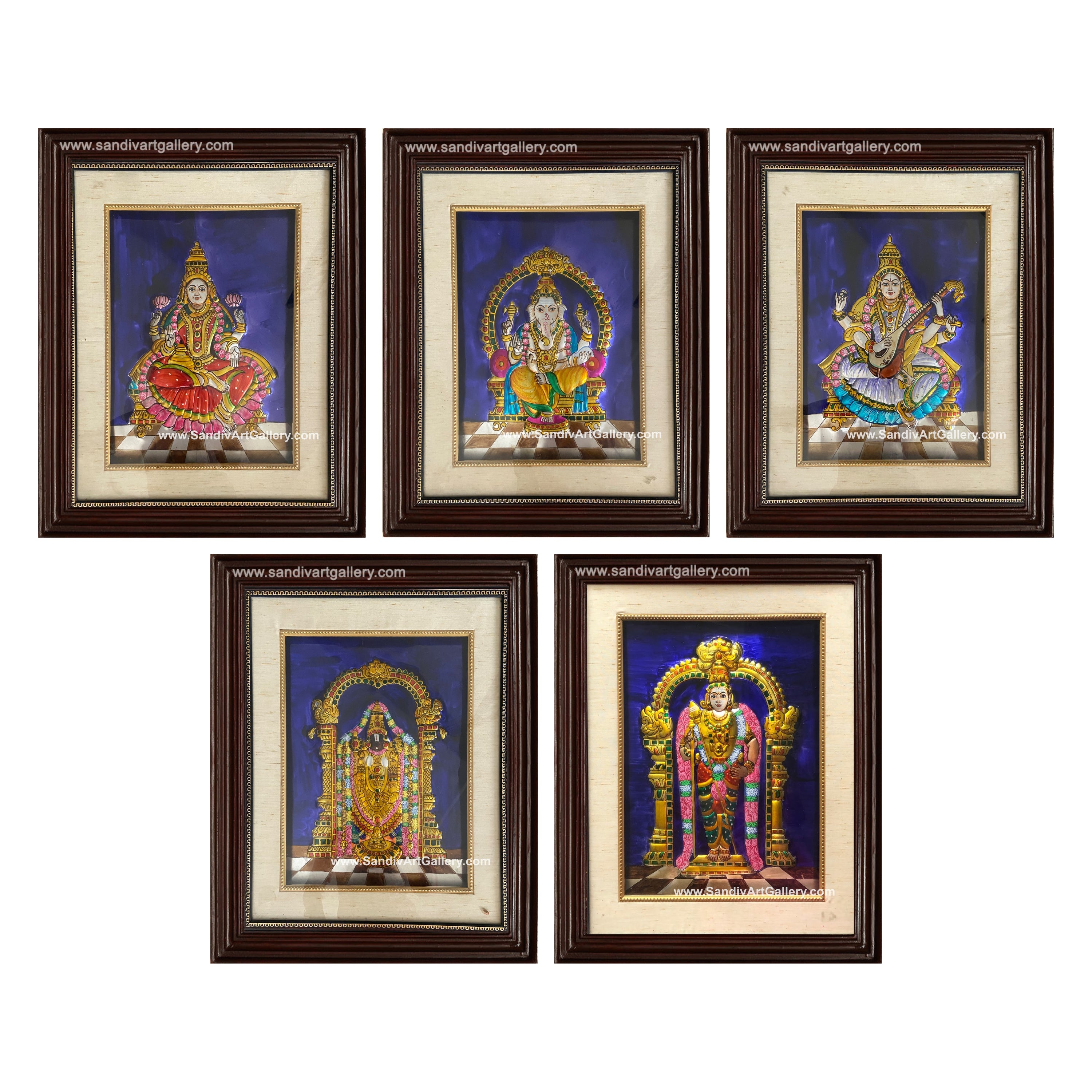 Vinayaka, Lakshmi, Balaji, Saraswathi and Subramania- Pooja Room Metal Embossing Paintings
