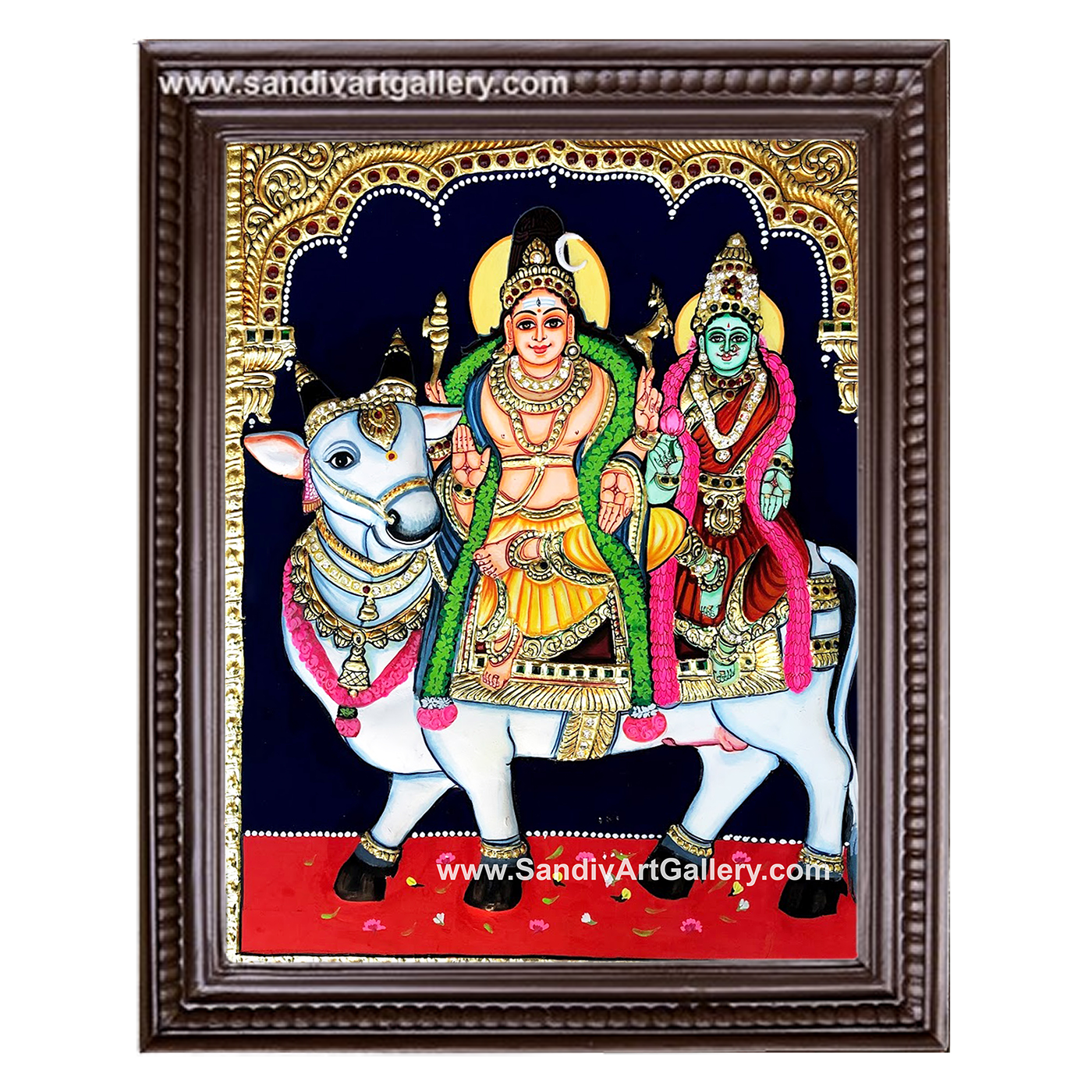 Shivan Parvati Sitting on Nandi Tanjore Painting