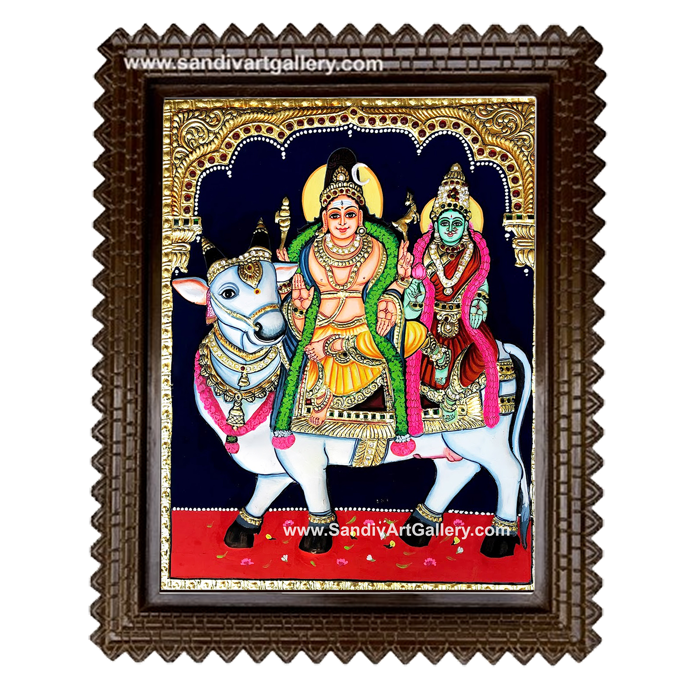 Shivan Parvati Sitting on Nandi Tanjore Painting