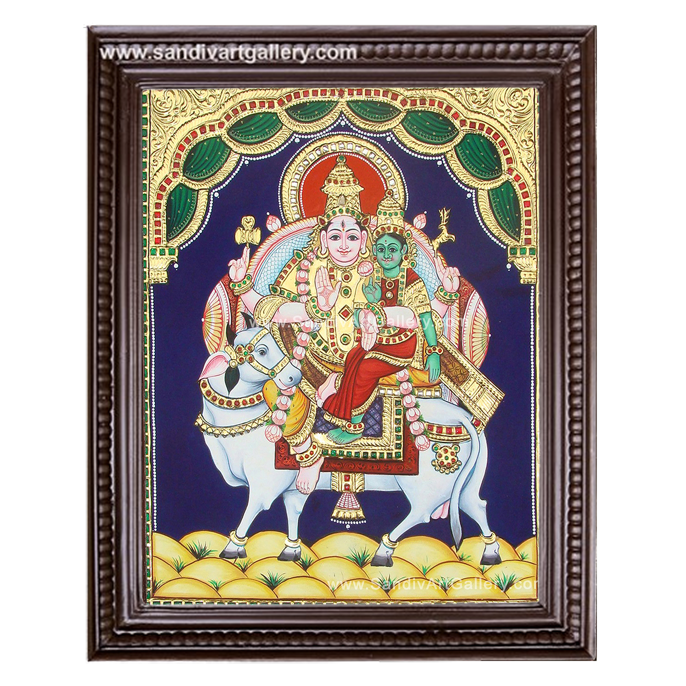 Shivan Parvati Sitting on Nandi Tanjore Painting 1