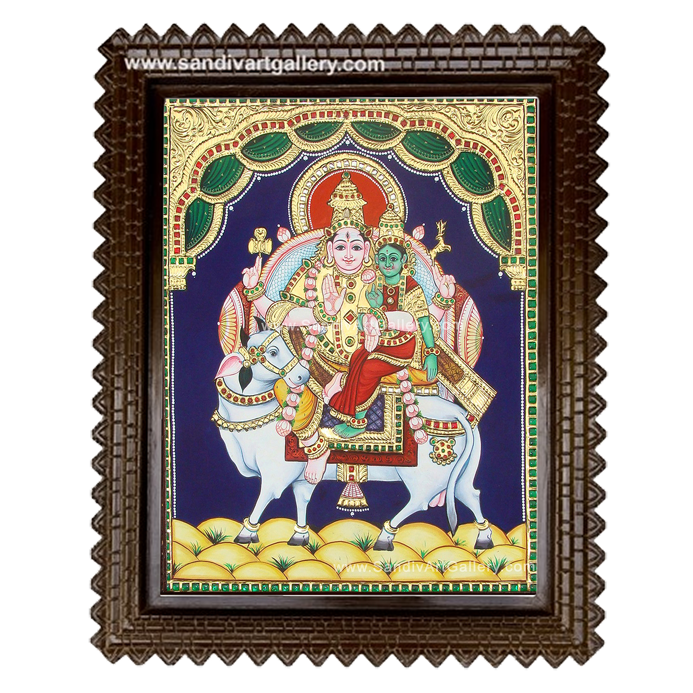 Shivan Parvati Sitting on Nandi Tanjore Painting 1