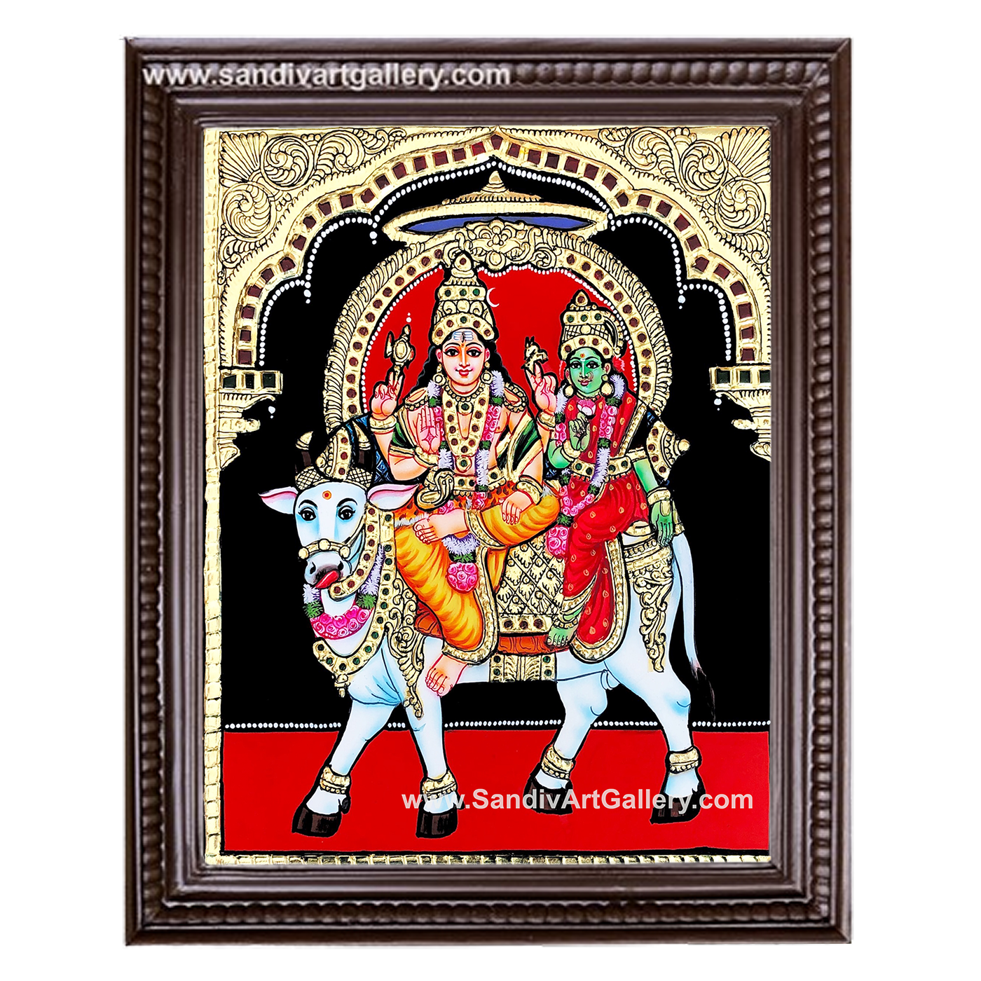 Shiva Parvati sitting on cow Tanjore Painting