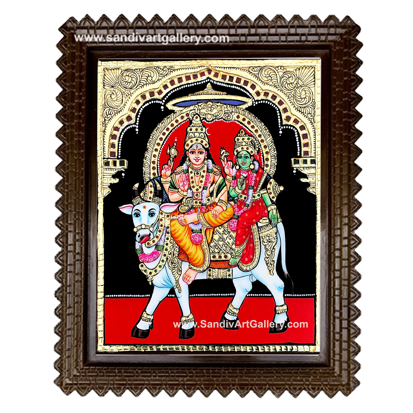Shiva Parvati sitting on cow Tanjore Painting