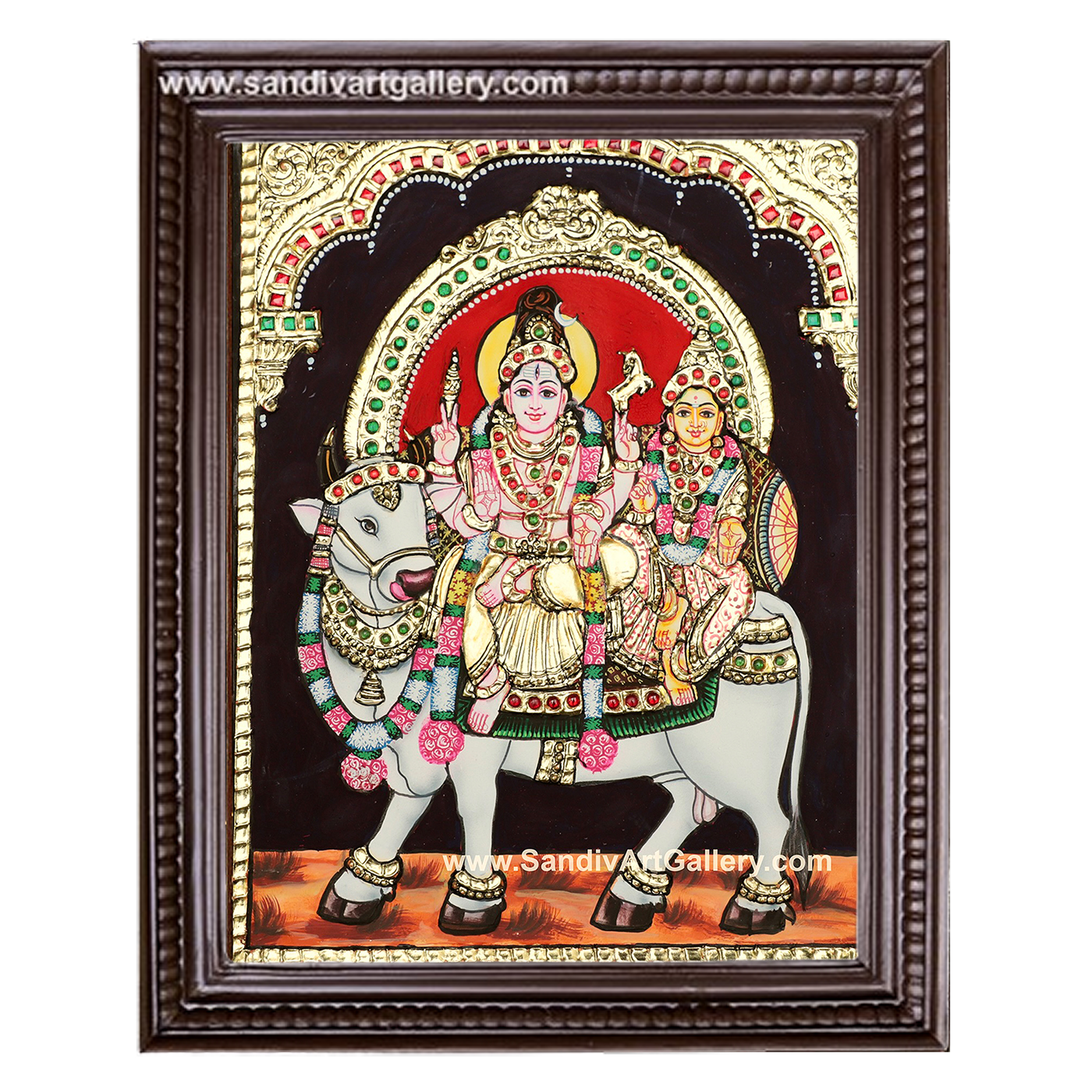 Shiva Parvati sitting on cow Tanjore Painting 1