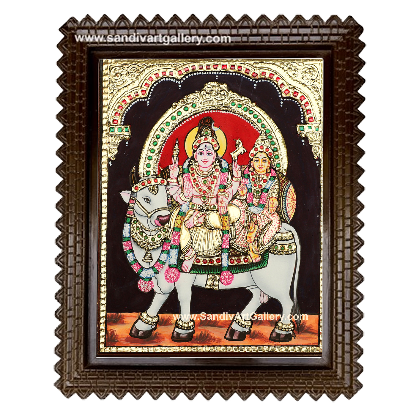 Shiva Parvati sitting on cow Tanjore Painting 1