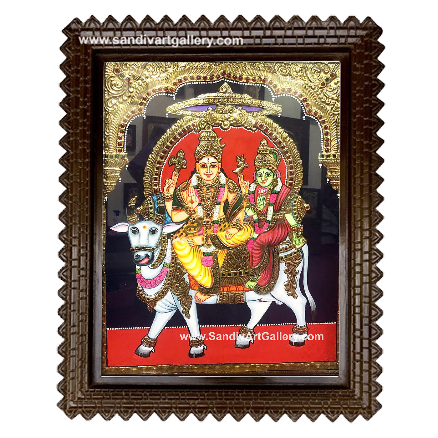 Shiva Parvati sitting on cow Tanjore Painting 2