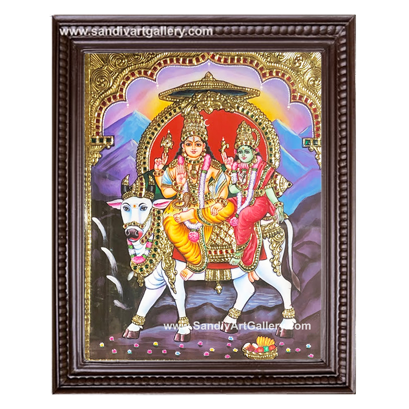 Shivan Parvati Sitting on Nandi Tanjore Painting 3