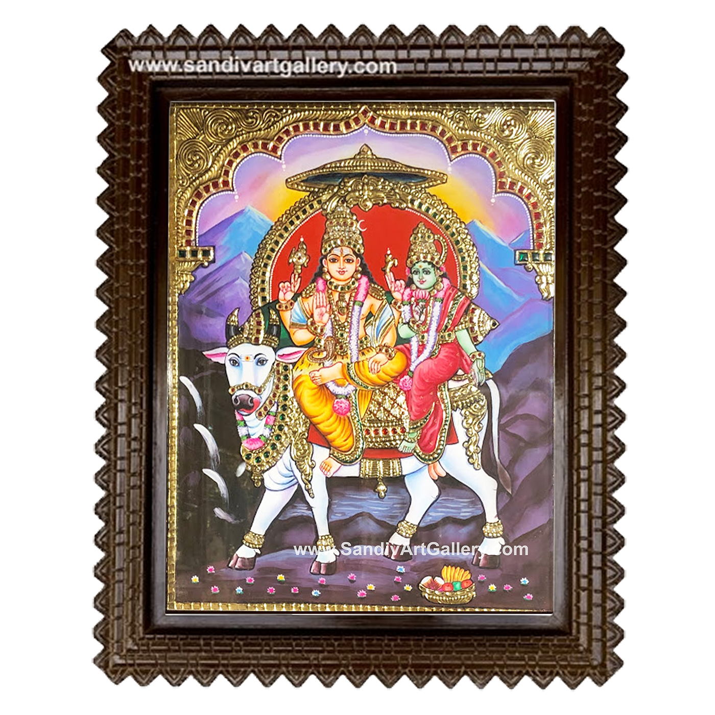 Shivan Parvati Sitting on Nandi Tanjore Painting 3