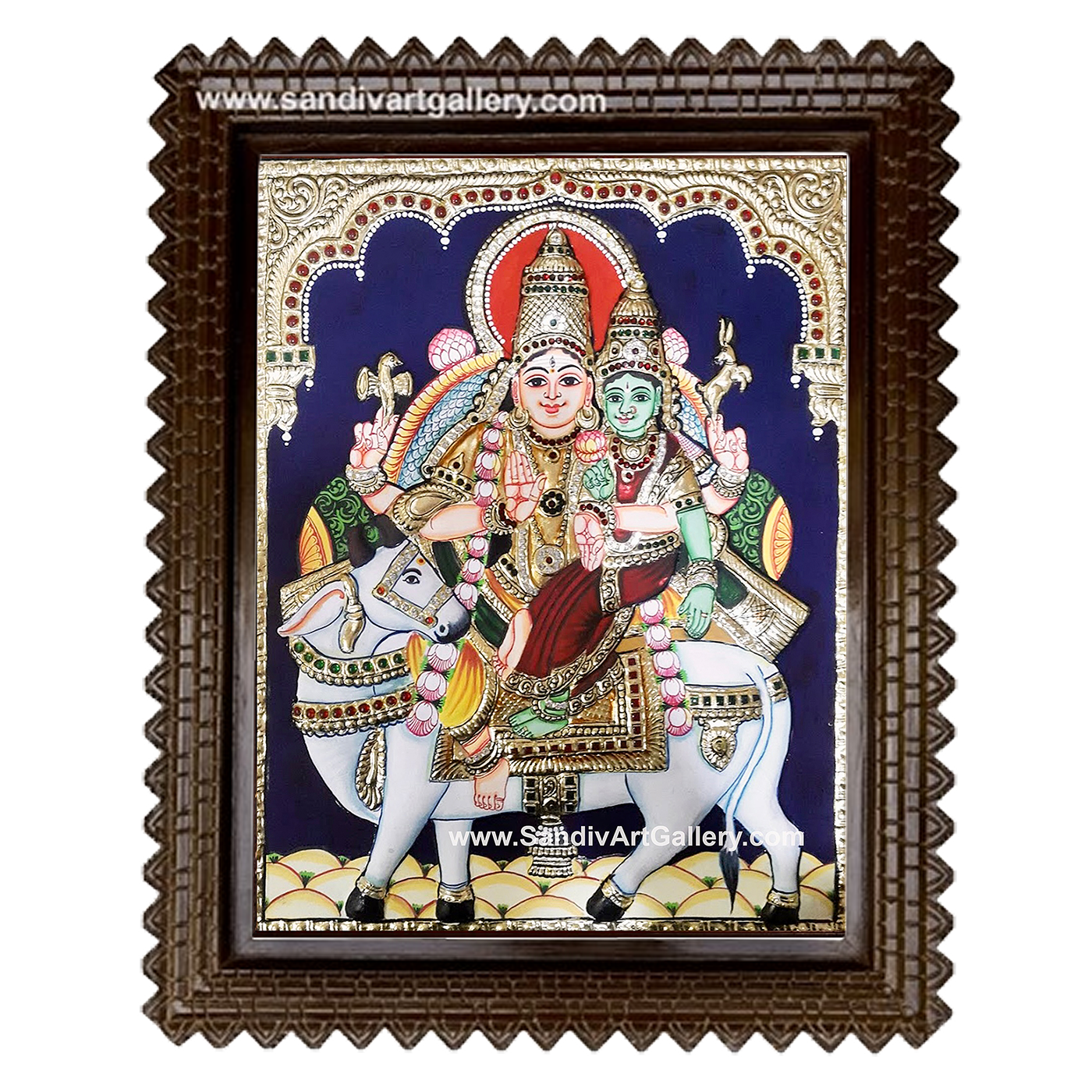 Shivan Parvati Sitting on Nandi Semi Embossed Tanjore Painting