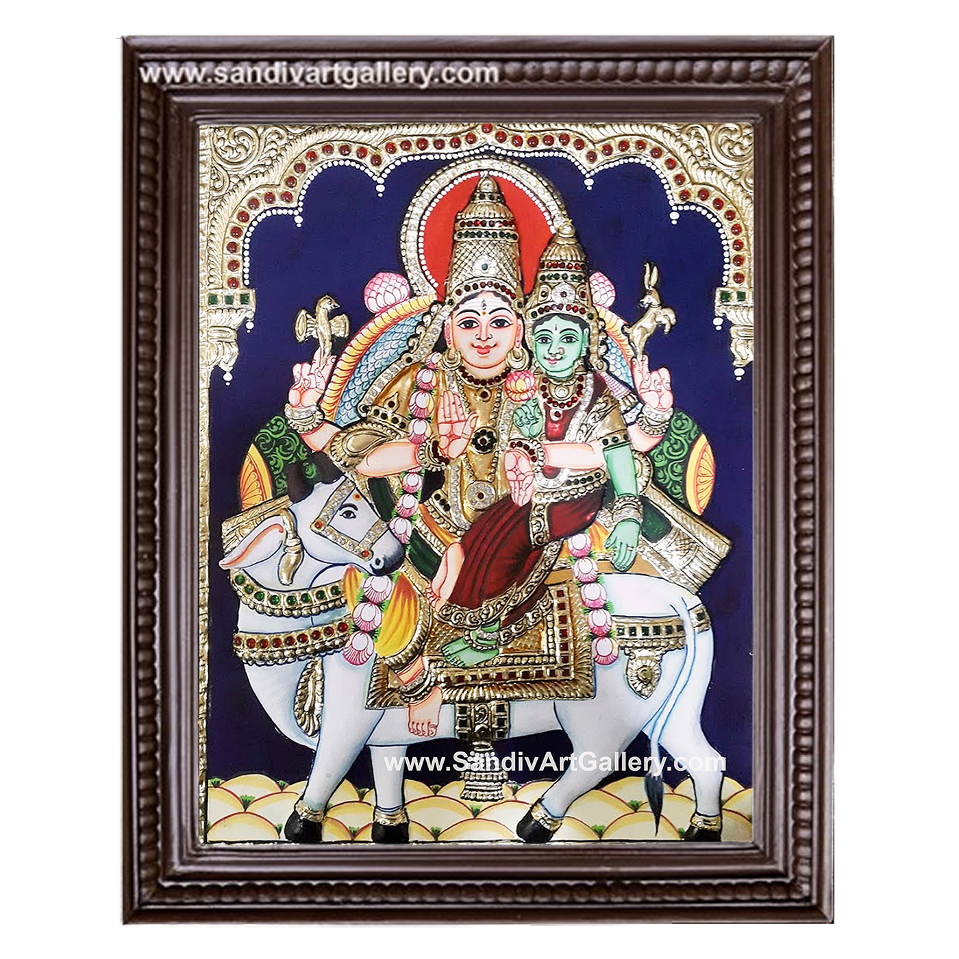 Shivan Parvati Sitting on Nandi Semi Embossed Tanjore Painting