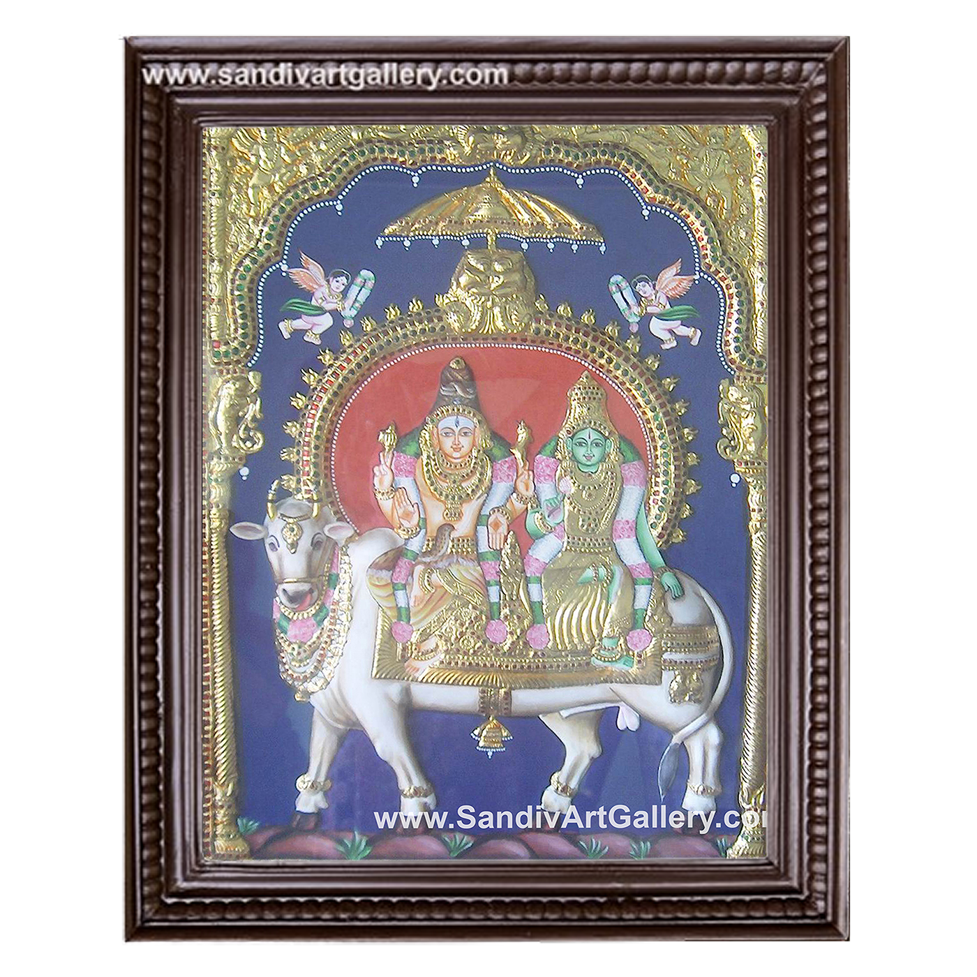 Shiva Parvati sitting on cow 2D Embossed Tanjore Painting