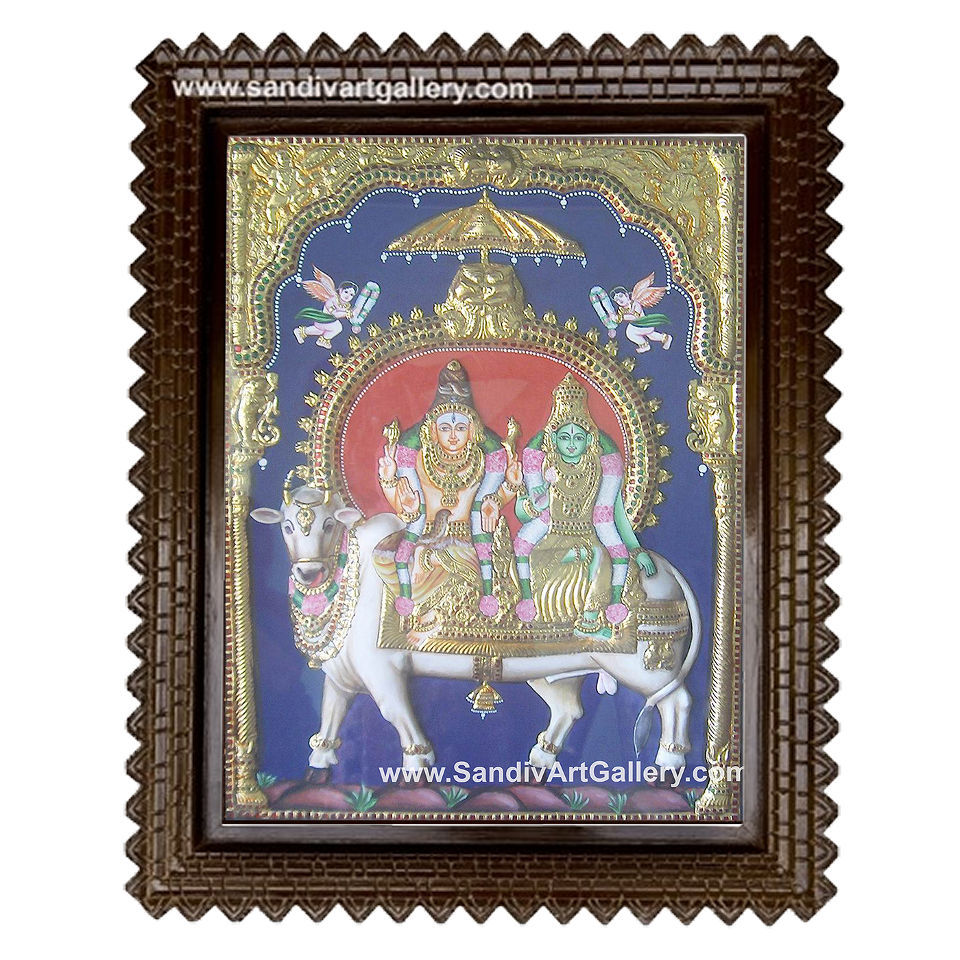 Shiva Parvati sitting on cow 2D Embossed Tanjore Painting