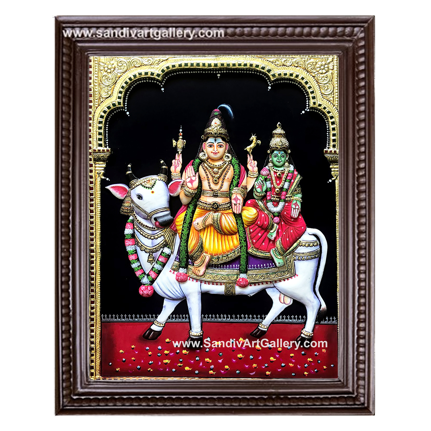 Shiva Parvati sitting on cow 3D Embossed Tanjore Painting