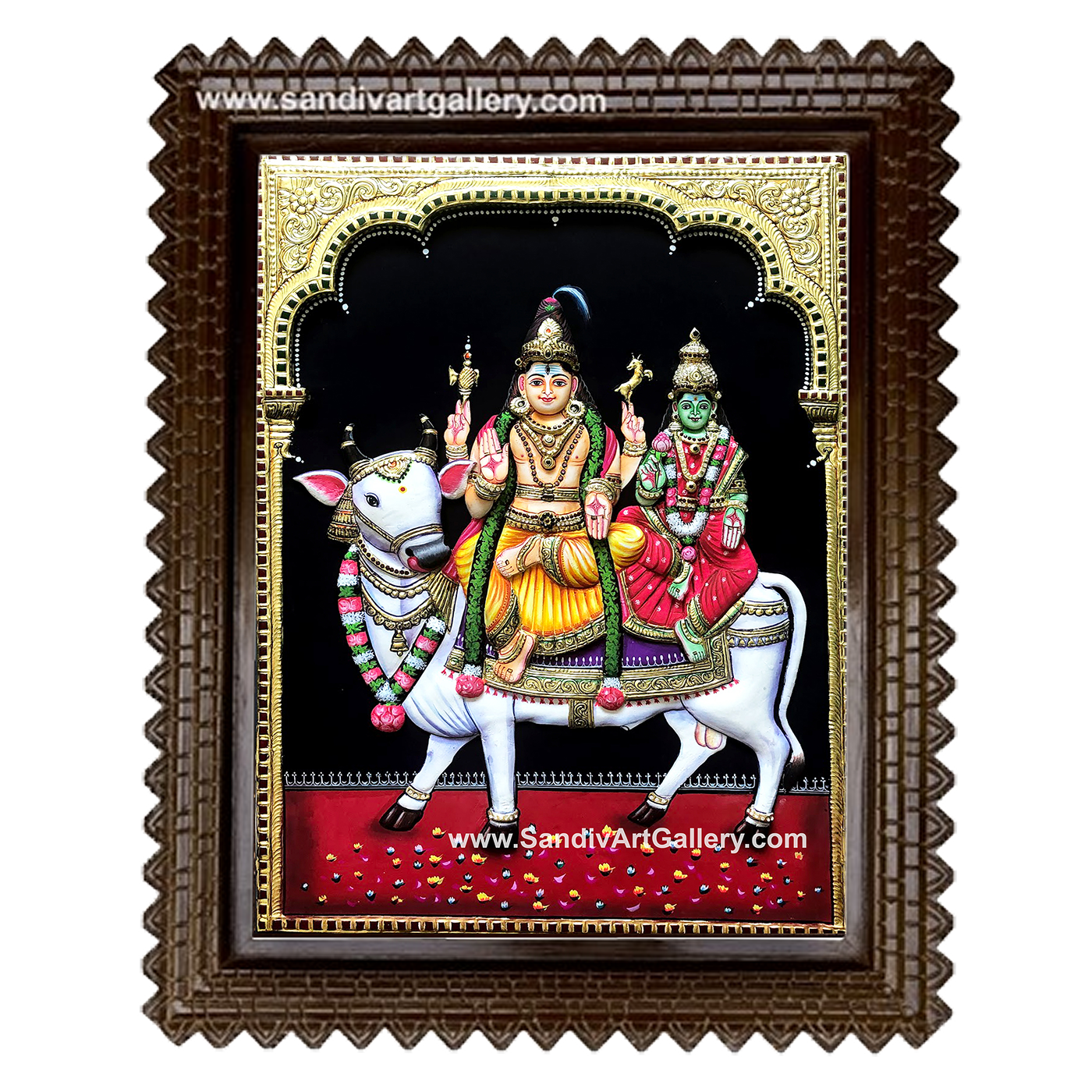 Shiva Parvati sitting on cow 3D Embossed Tanjore Painting