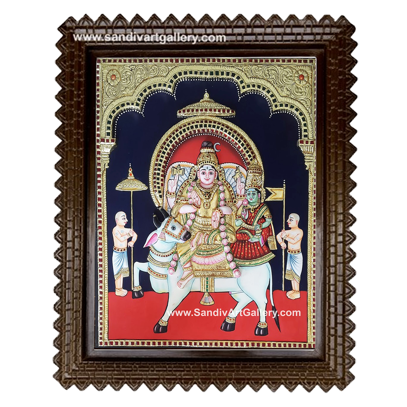 Shivan Parvati Sitting on Nandi 3D Super Embossed Tanjore Painting 1
