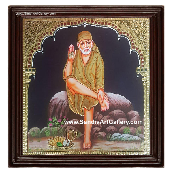 Saibaba Sitting on Stone Tanjore Painting