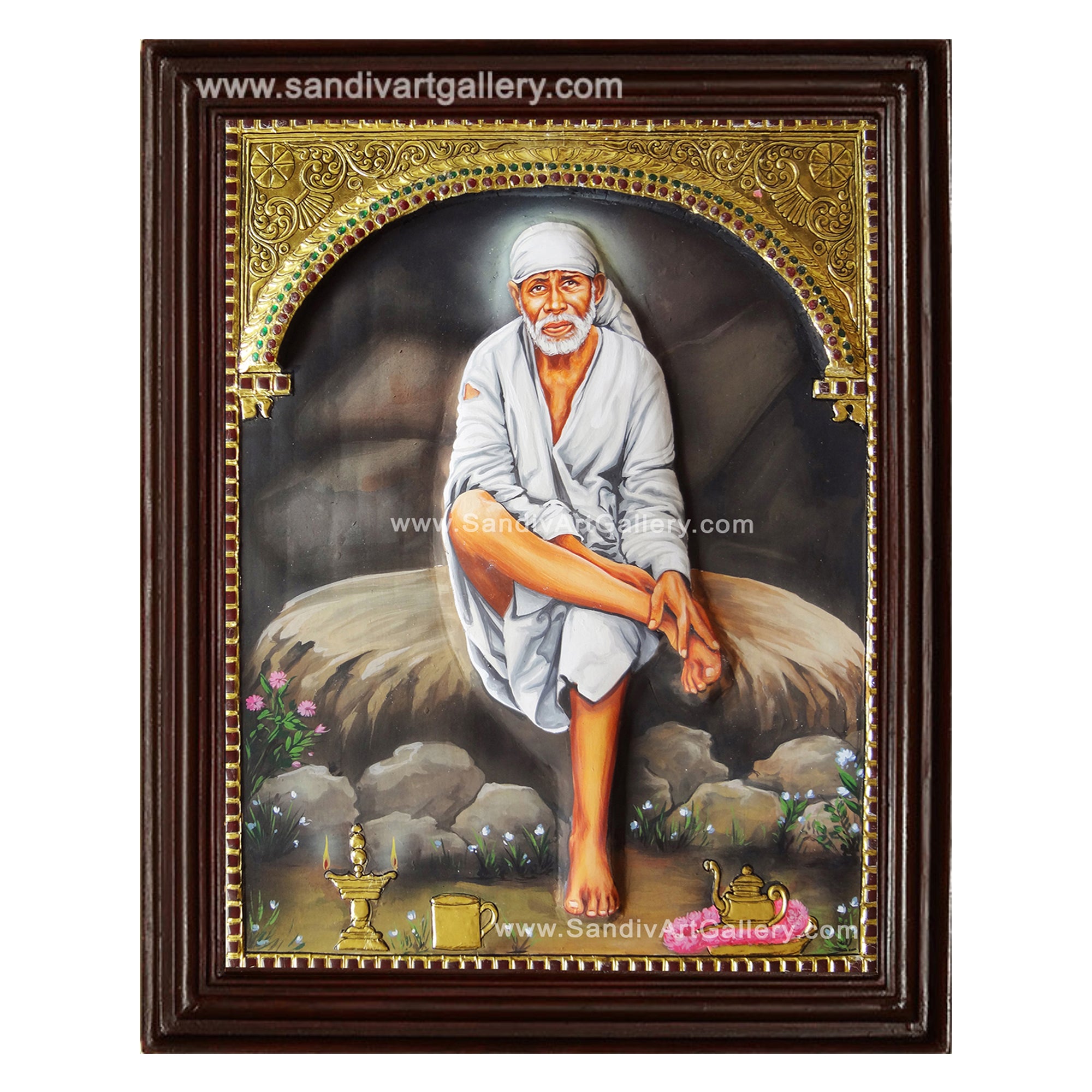 Saibaba Sitting on Stone 3D Embossed Tanjore Painting