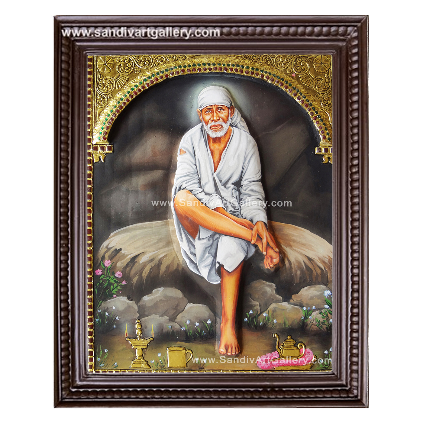 Saibaba Sitting on Stone 3D Embossed Tanjore Painting