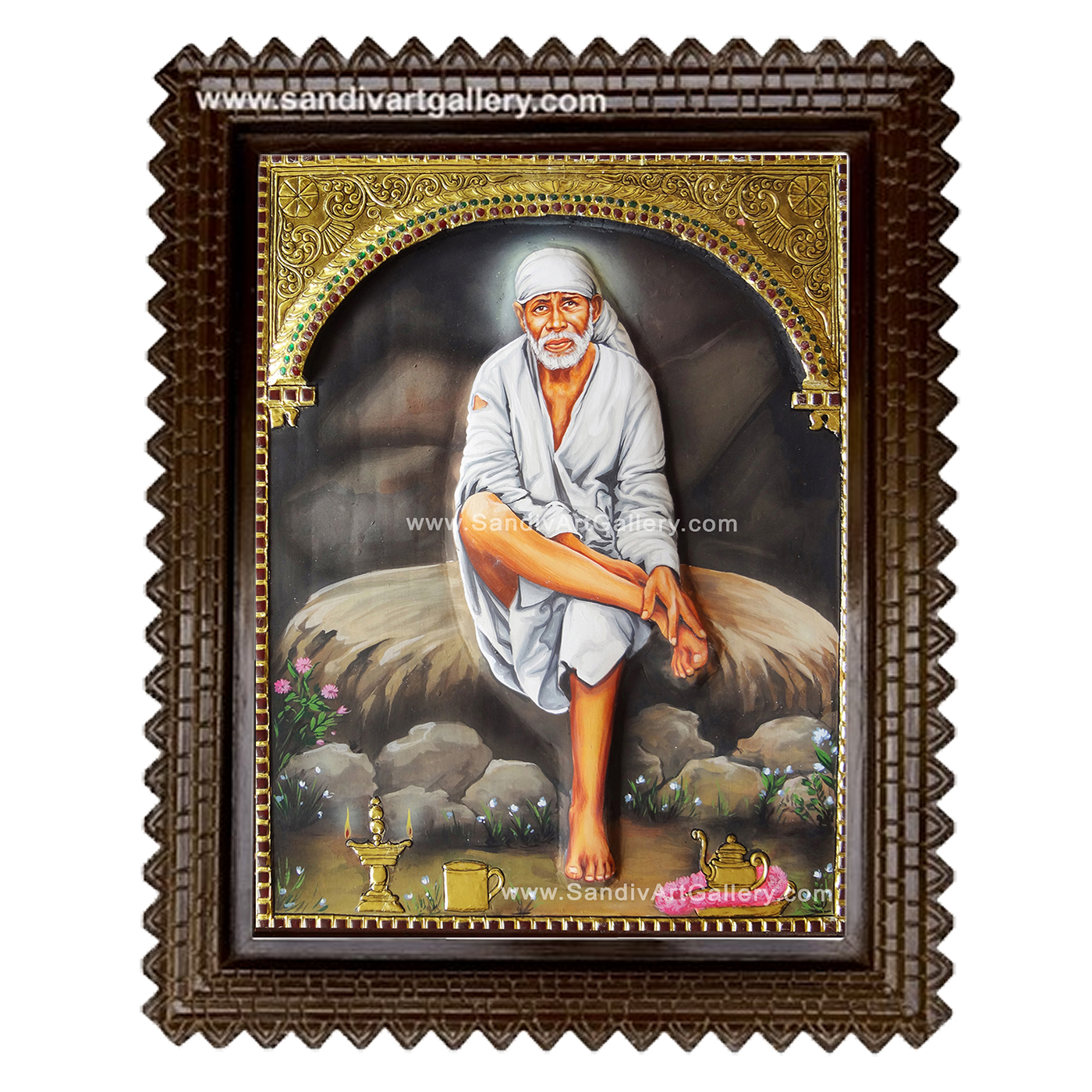 Saibaba Sitting on Stone 3D Embossed Tanjore Painting
