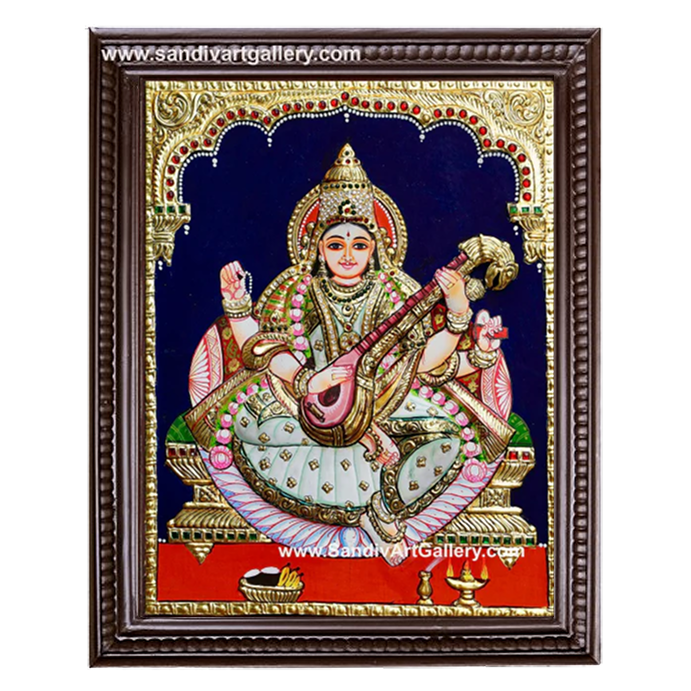 Goddess Saraswathi Semi Embossed Tanjore Painting