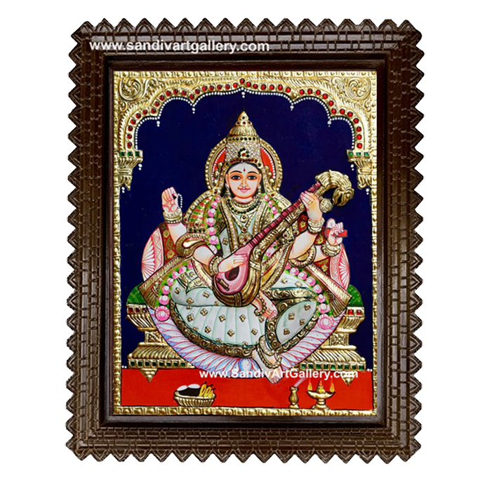 Goddess Saraswathi Semi Embossed Tanjore Painting