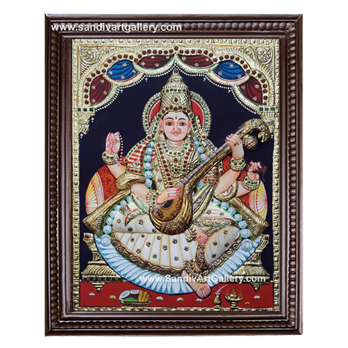 Saraswathi Devi Semi Embossed Tanjore Painting