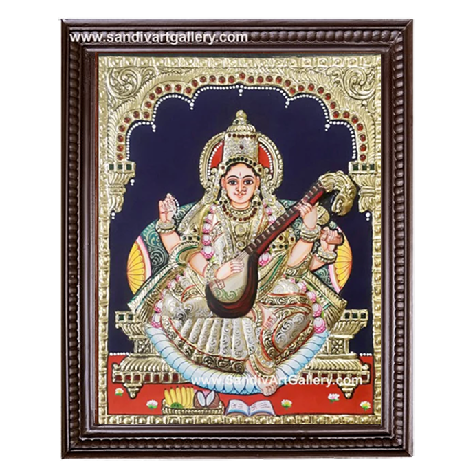 Saraswathi Maa Semi Embossed Tanjore Painting