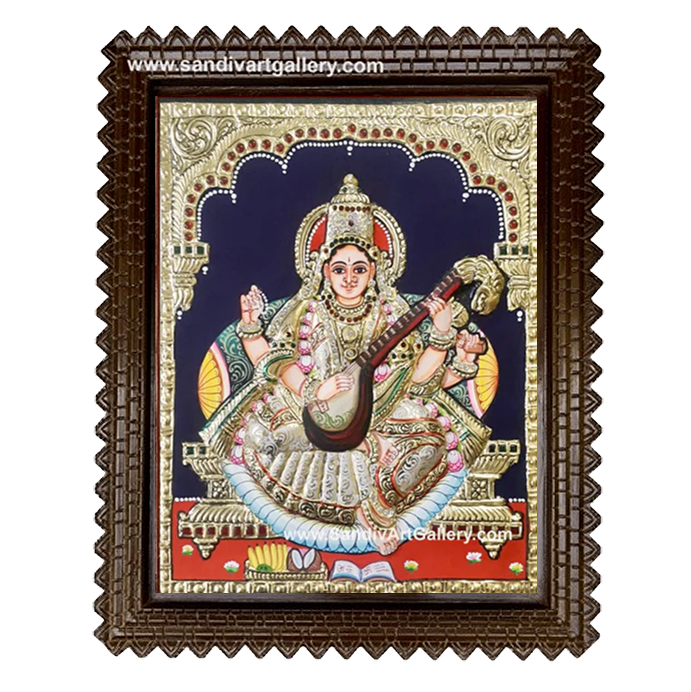 Saraswathi Maa Semi Embossed Tanjore Painting