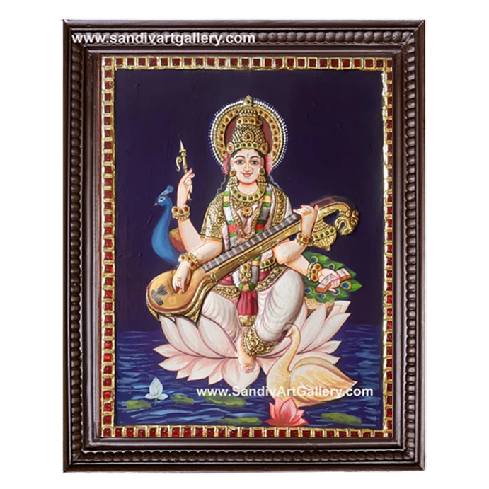 Saraswathi on Lotus 2D Embossed Tanjore Painting
