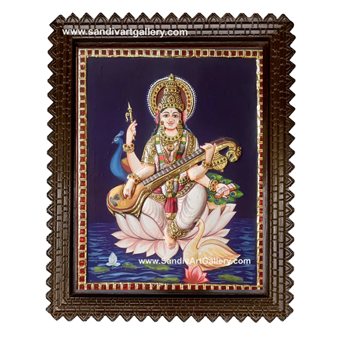 Saraswathi on Lotus 2D Embossed Tanjore Painting
