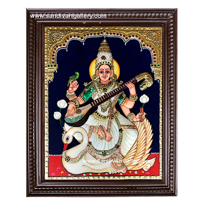 Saraswati on Swan 2D Embossed Tanjore Painting
