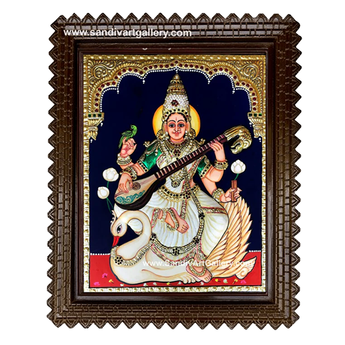 Saraswati on Swan 2D Embossed Tanjore Painting