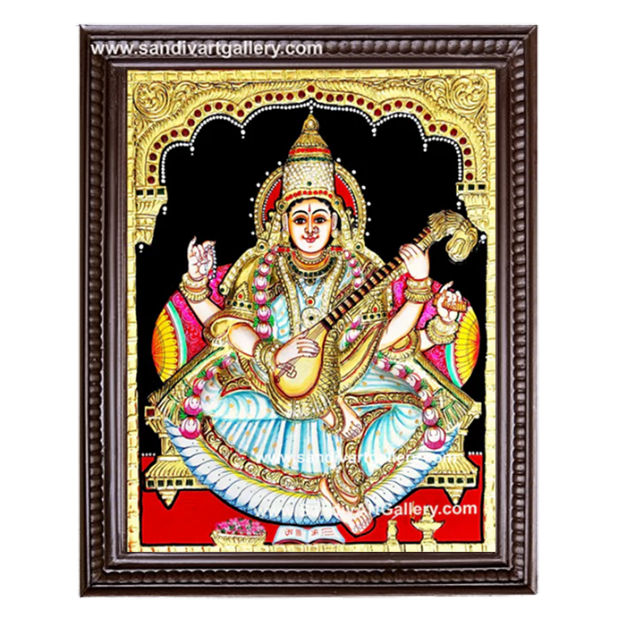 Saraswati Devi Semi Embossed Tanjore Painting