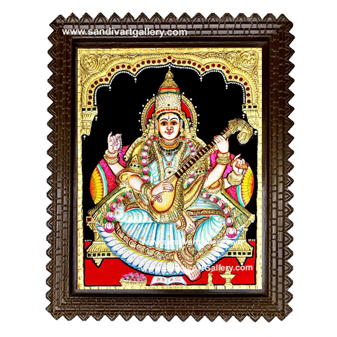 Saraswati Devi Semi Embossed Tanjore Painting