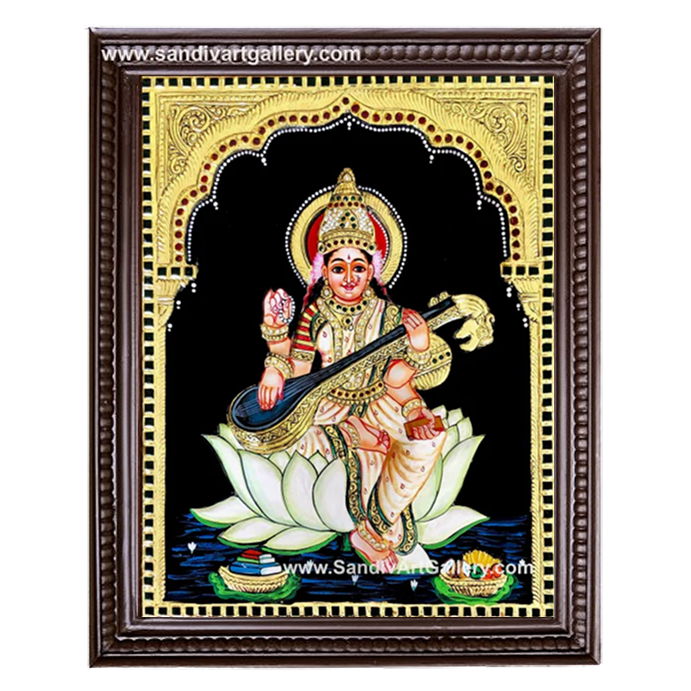 Saraswati Mata Semi Embossed Tanjore Painting