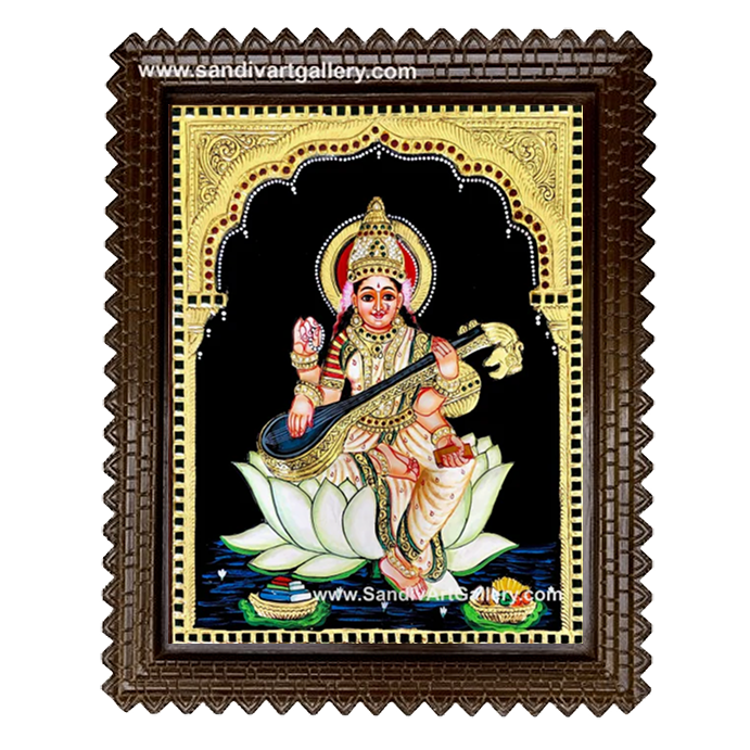 Saraswati Mata Semi Embossed Tanjore Painting