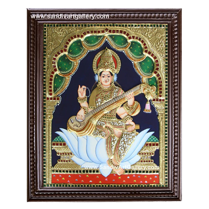 Saraswathi on Lotus Semi Embossed Tanjore Painting 1