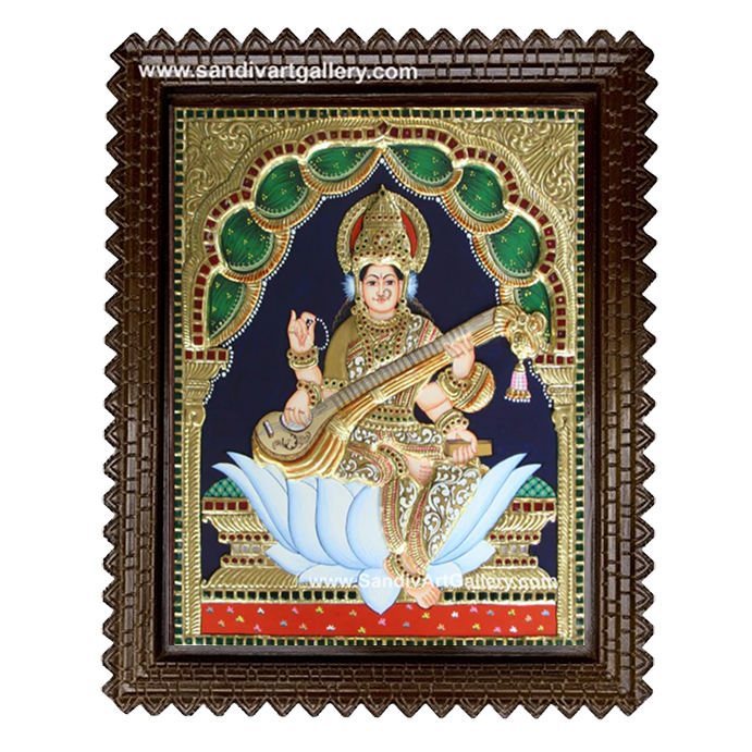 Saraswathi on Lotus Semi Embossed Tanjore Painting 1