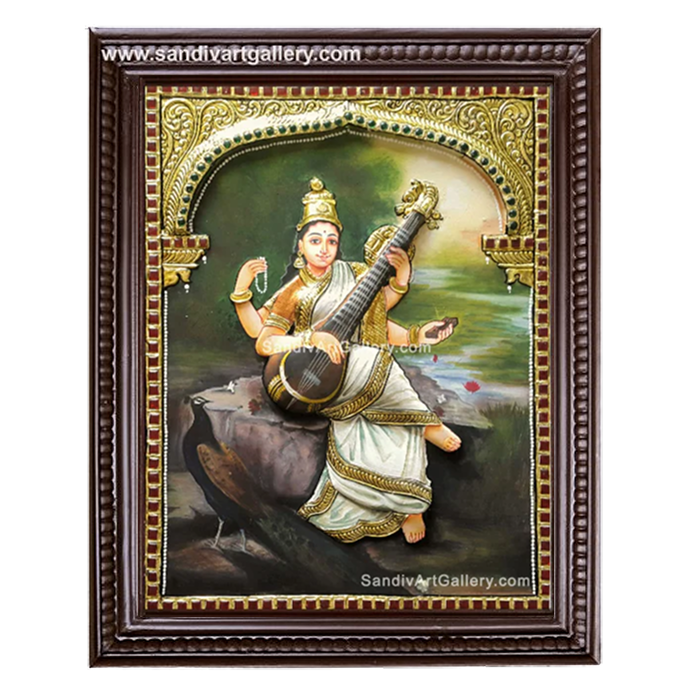 Ravivarma Style Saraswathi 2D Embossed Tanjore Painting